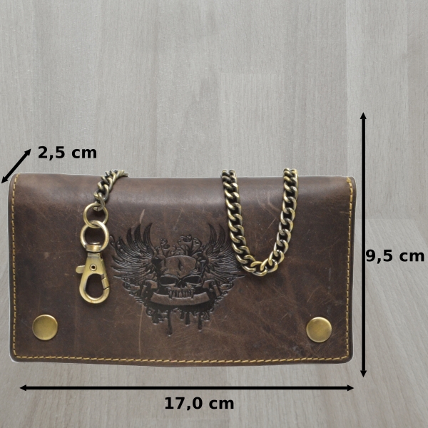 flevado Wild Büffel Leder Geldbörse Scull Totenkopf Biker Wildleder Brieftasche mit Kette (Braun) RFID Schutz